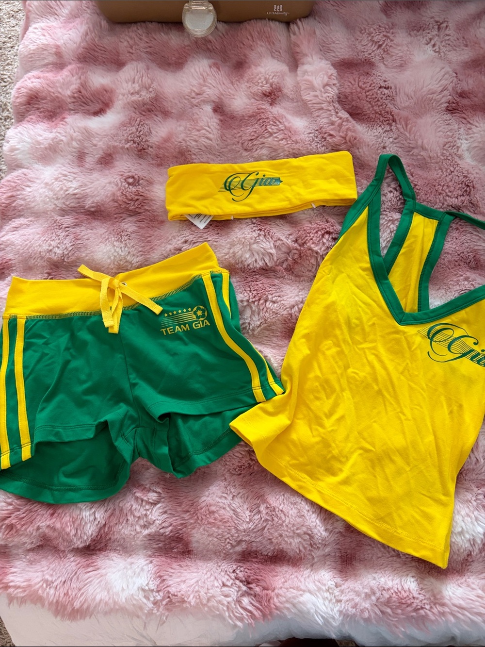 I.AM.GIA Yellow and Green Athletic Tank, Shorts & Headband Set
